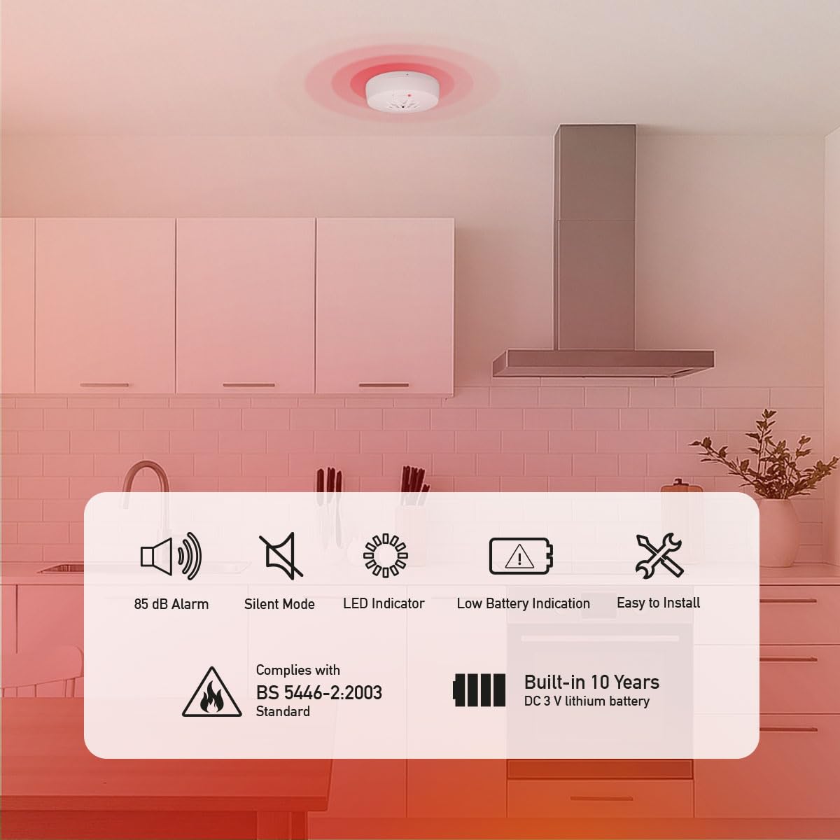 LogiLink SC0232 - Detector de Calor, Clase A1 (54 °C a 65 °C), Alarma acústica/óptica >85 dB, batería de 10 años, Color Blanco