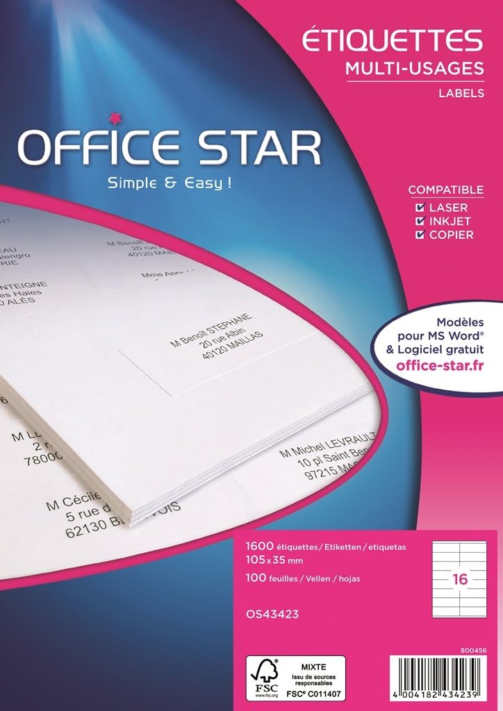 Office Star OS43423 Labels Multi-Use 105 x 70 mm Box of 1600 White