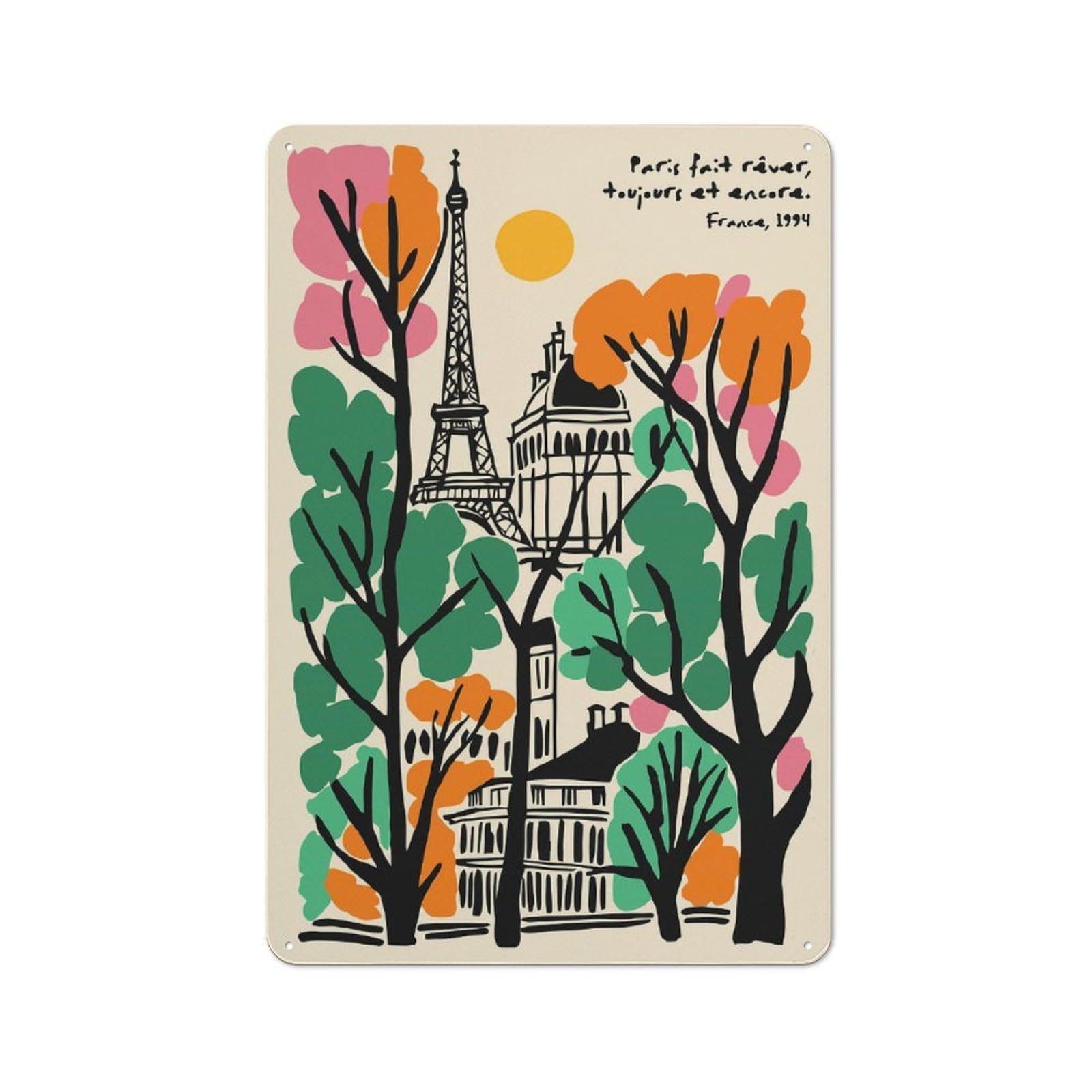 Retro Paris Cityscape with Eiffel Tower Decorative Metal Plaque 30x20cm, Shed Wall Plaque for Tool Room, Garage, Studio Or Home Bar