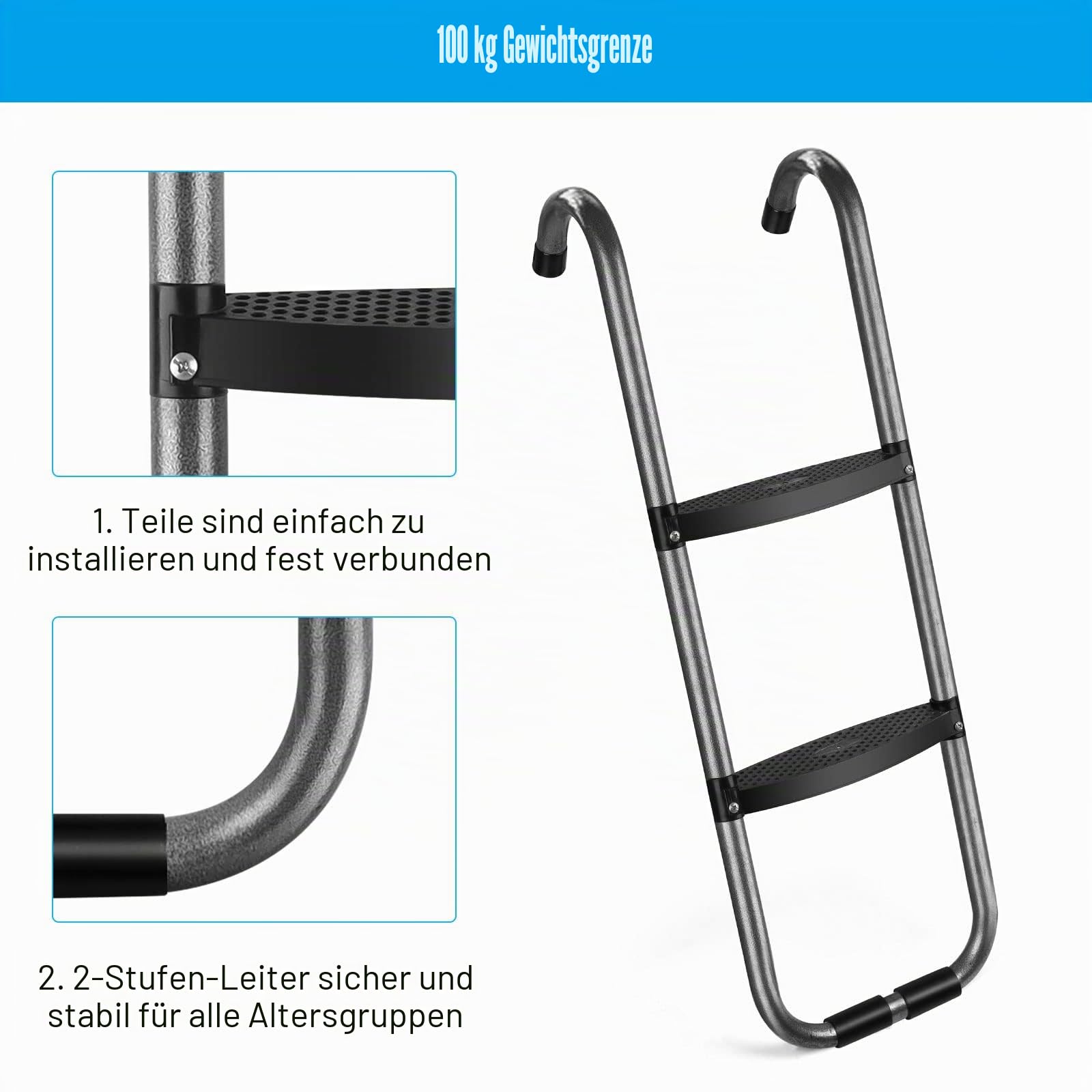 Trampolinleiter, rostbeständige Stahlleiter, rutschfeste Leiter für ft /12ft/14ft/16ft Trampoline,104cm Länge 2 Stufen Breitstufenleiter