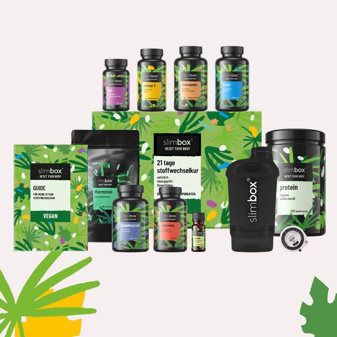VEGAN | 21 Tage Stoffwechselkur Set | Vegan Diät Set | Veganes Eiweißpulver Vanille, hormonfreie Saccharose-Globuli, Glucomannan, Flohsamenpulver, Omega-3, Multivitamine, OPC, MSM, Tee uvm…