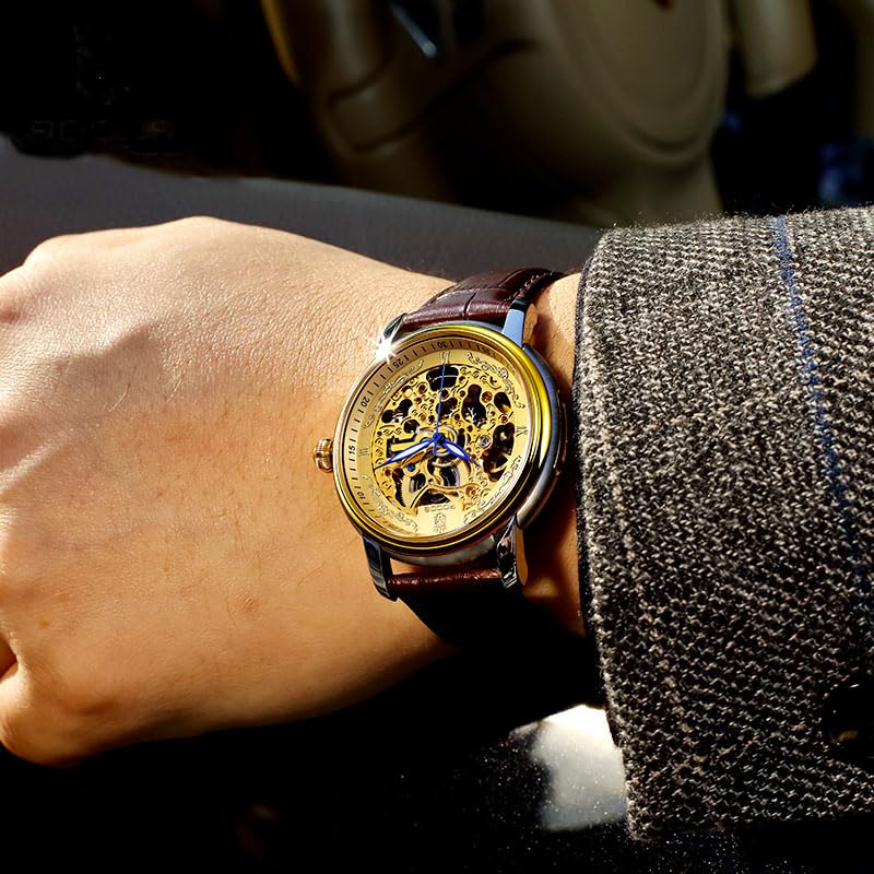 Image of ROCOSJEWE Men Analogue Luxury Watches Automatic Skeleton Watch Leather Strap Gold Dial Anti Shock Self Winding Dress Business Wristwatch Waterproof Luminous RW00142 Brown
