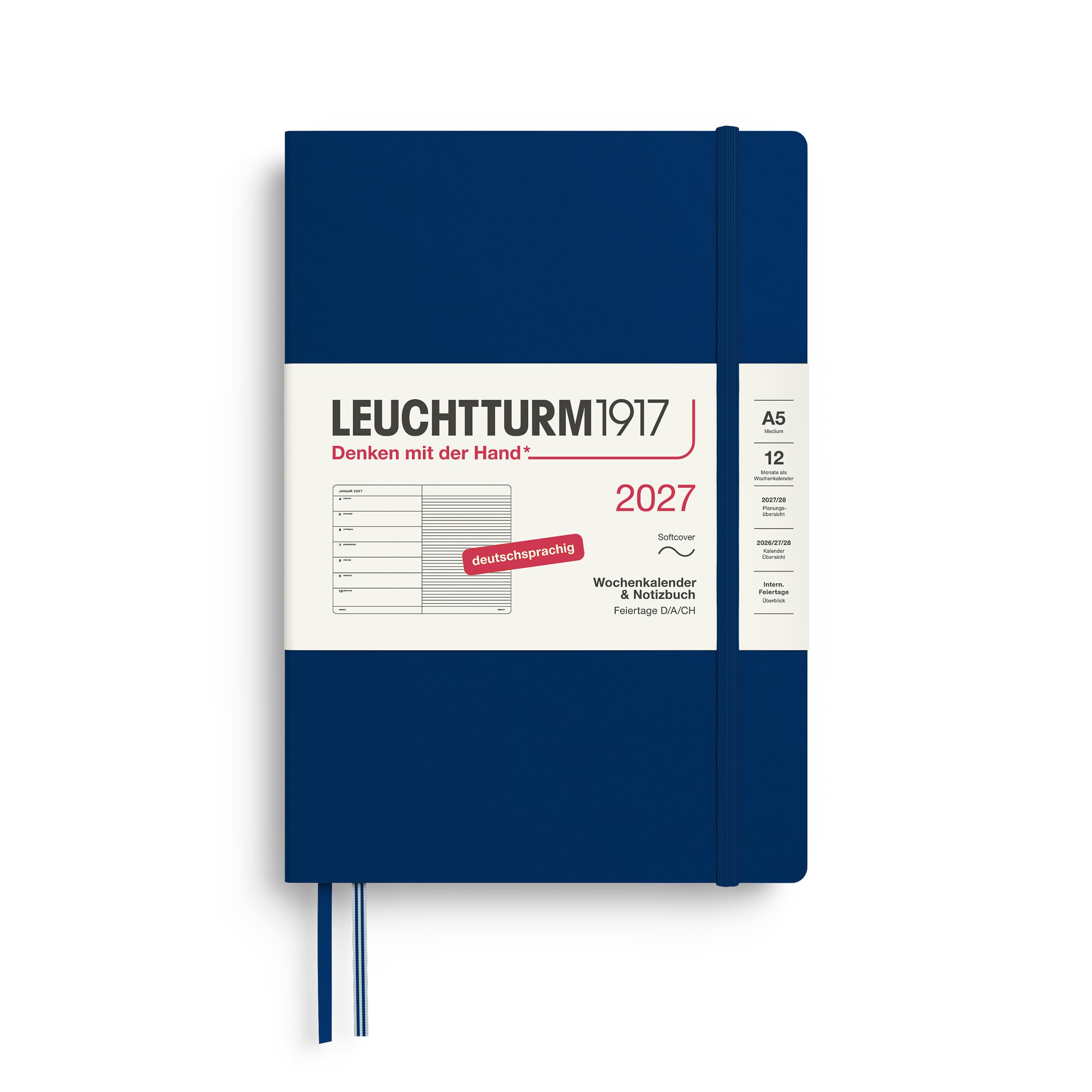 LEUCHTTURM1917 Weekly Calendar 2027 Medium (A5) with Notebook - Diary German, Navy, Soft Cover, January-December 2027, Weekly Overview Left + Note Page Right