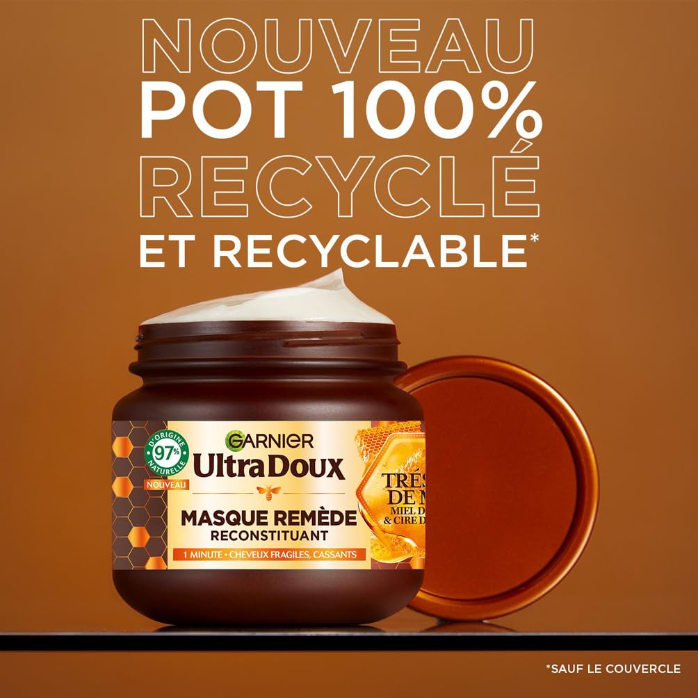 Garnier Ultra Doux - Masque Remède Reconstituant - Enrichi en Gelée Royale, Miel & Propolis - Pour Cheveux Fragiles & Cassants - Sans Parabène - Trésors de Miel - 340 ml