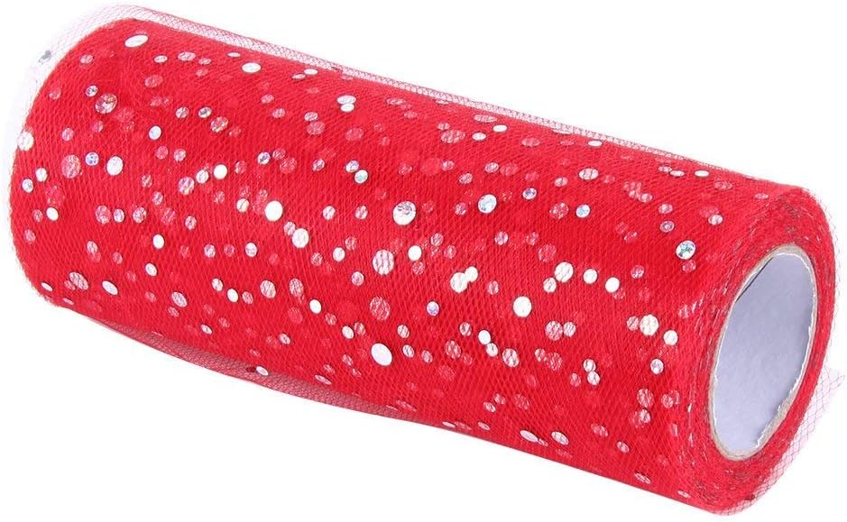 Sequin Tulle Fabric Roll, Tutu Tulle with Glitter Sequin 6 Inch 25 Yards Knit Apparel Sewing Mesh Bow Banquet Decoration Gift Wrap Organza Trim Wedding Favor (red)