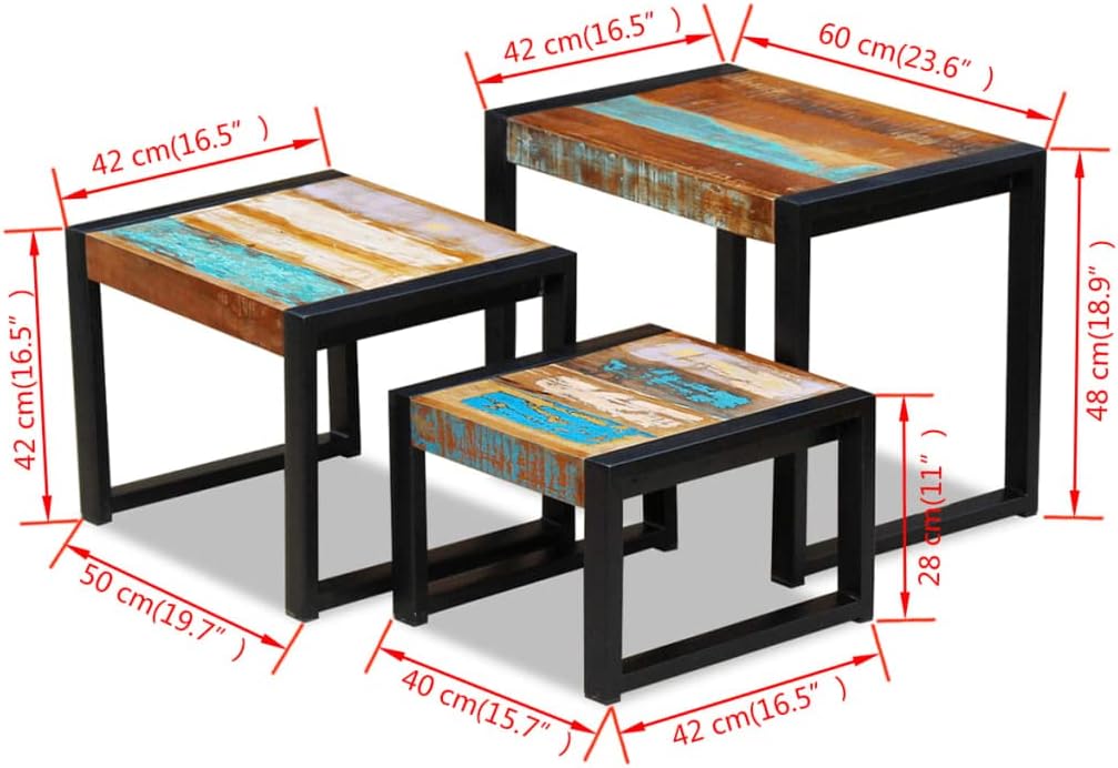 Three Piece Nesting Tables,Sofa Table,Side Tables,Coffee Table,Fully Handmade,Polished, Partly Painted and Waxed,for Small Space, Living Room, Bedroom, Office, Solid Reclaimed Wood