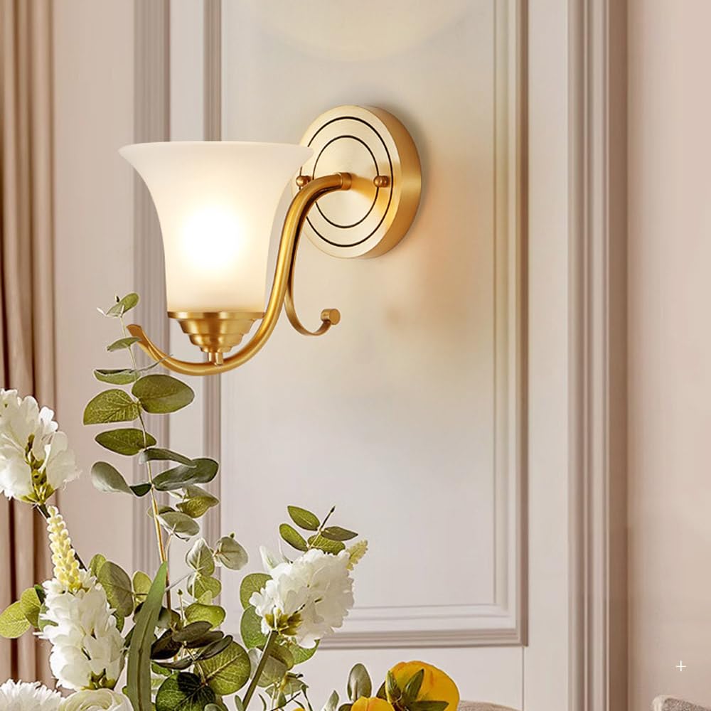 Applique da Parete Vintage in Ottone con Paralume in Vetro Smerigliato, Lampada da toeletta in Ottone Spazzolato a 1 Luce, Lampada da Parete Moderna di metà secolo, Lampada da Parete Art Déco per