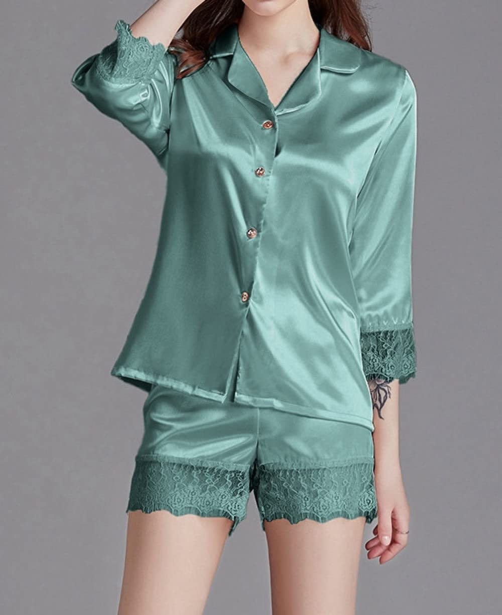 Pijama De Mujer Manga Corta,Pijama De Manga Corta para Mujer con Puños Recortados De Solapa Verde Gris, Conjunto De 2 Piezas, Pijama Suave Y Cómodo para Mujer, Ropa De Salón, Regalo del Día De L