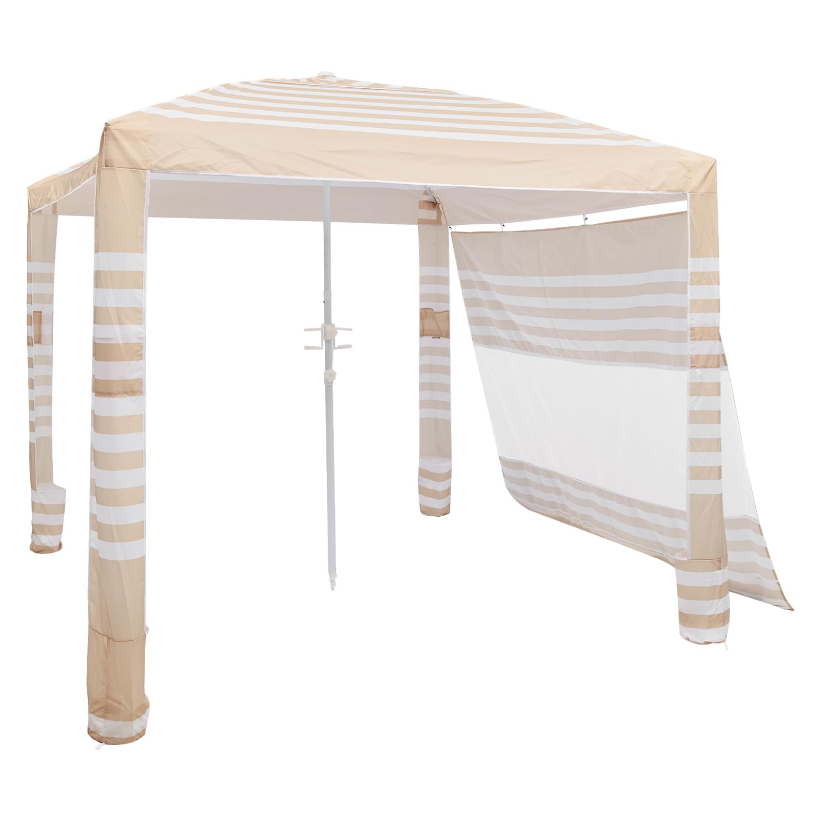 VEVOR Cabaña de Playa de 2,4 x 2,4 m, con Pared Lateral, Protección Solar UPF 50+, Incluye Sacos de Arena, Altura Ajustable y Portátil, Ideal para Toda la Familia y Amigos, Rayas Caqui y Blanco