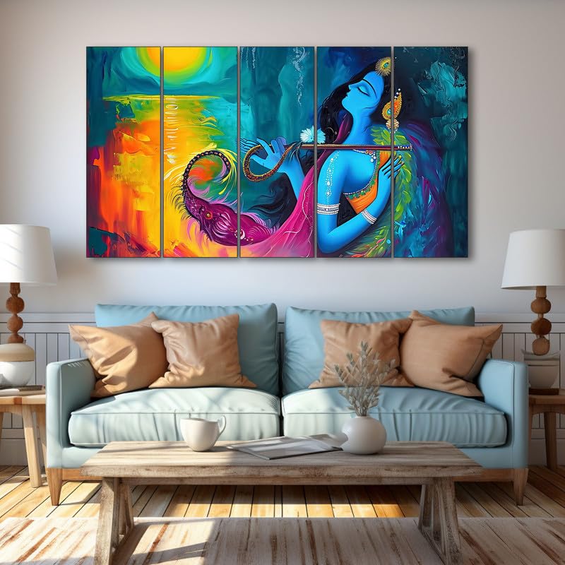 Image of The Castle Decor Lord Radha krishna painting | Multiple Frames Wall Art Painting for living room,Bedroom,Drawing room,Hotels Wooden Framed-Digital Painting (Multi Color - Design 4, 36x60 Inch)