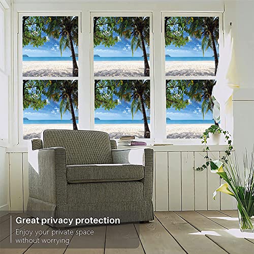 Summer Adhesive Window Film, Tropical Beach Ocean Behind Palm Tree Caribbean Exotic Holiday Image, For Uv Blocking Heat Control Glass Stickers, W23.6 X L47.2 Inch Fern Green #TOP1