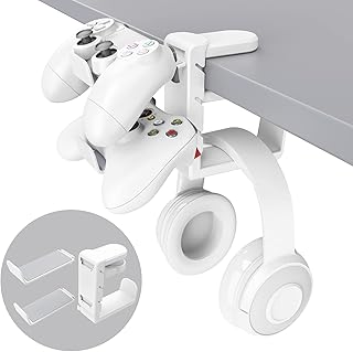 3-in-1 PC Gaming Headset&Controller Holder - EURPMASK Headphone Stand w/Adjustable Clamp&2 Controller Holder&Rotating Arm&Cable Organizer, Universal PC Gaming Accessory Controller Headset Stand-White