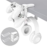 3-in-1 PC Gaming Headset&Controller Holder - EURPMASK Headphone Stand w/Adjustable Clamp&2 Controller Holder&Rotating Arm&Cable Organizer, Universal PC Gaming Accessory Controller Headset Stand-White