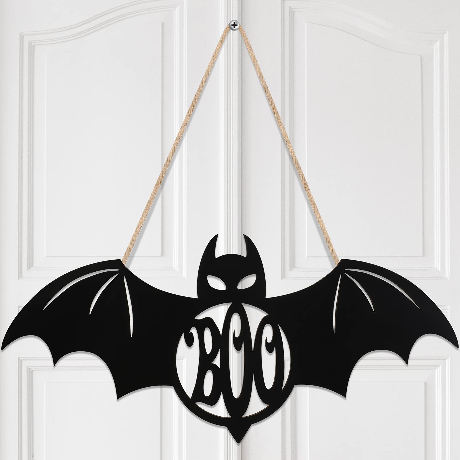Halloween Door Hanger Black Boo Door Sign Decor Round Wood Hanging Sign Personalized Rustic Door Hanger Sign Wooden Halloween Wall Hanging Sign for Home Outdoor Indoor Decoration (Bat Style)