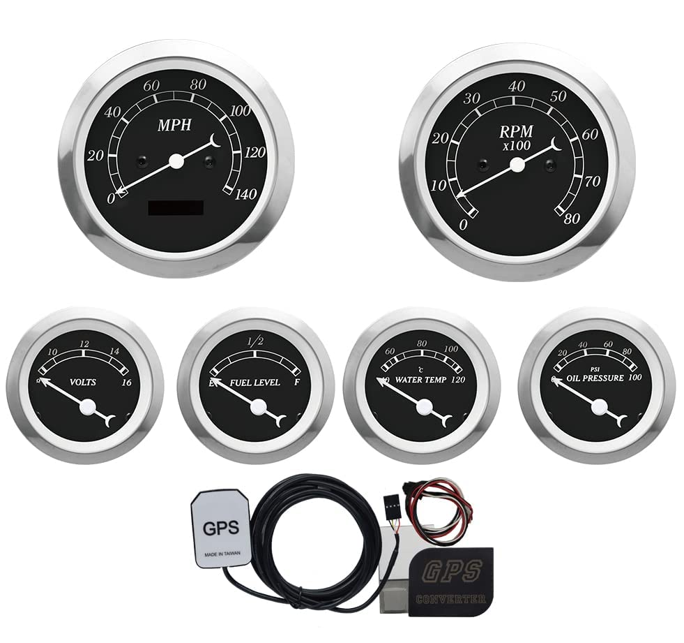 MOTOR METER RACING Vintage 6 Gauge Set - 85mm 3-3/8" Electrical GPS Speedometer Rev Counter - 52mm 2-1/16" Voltage Fuel Level Water Temperature Oil Pressure – Black Dial White Needle