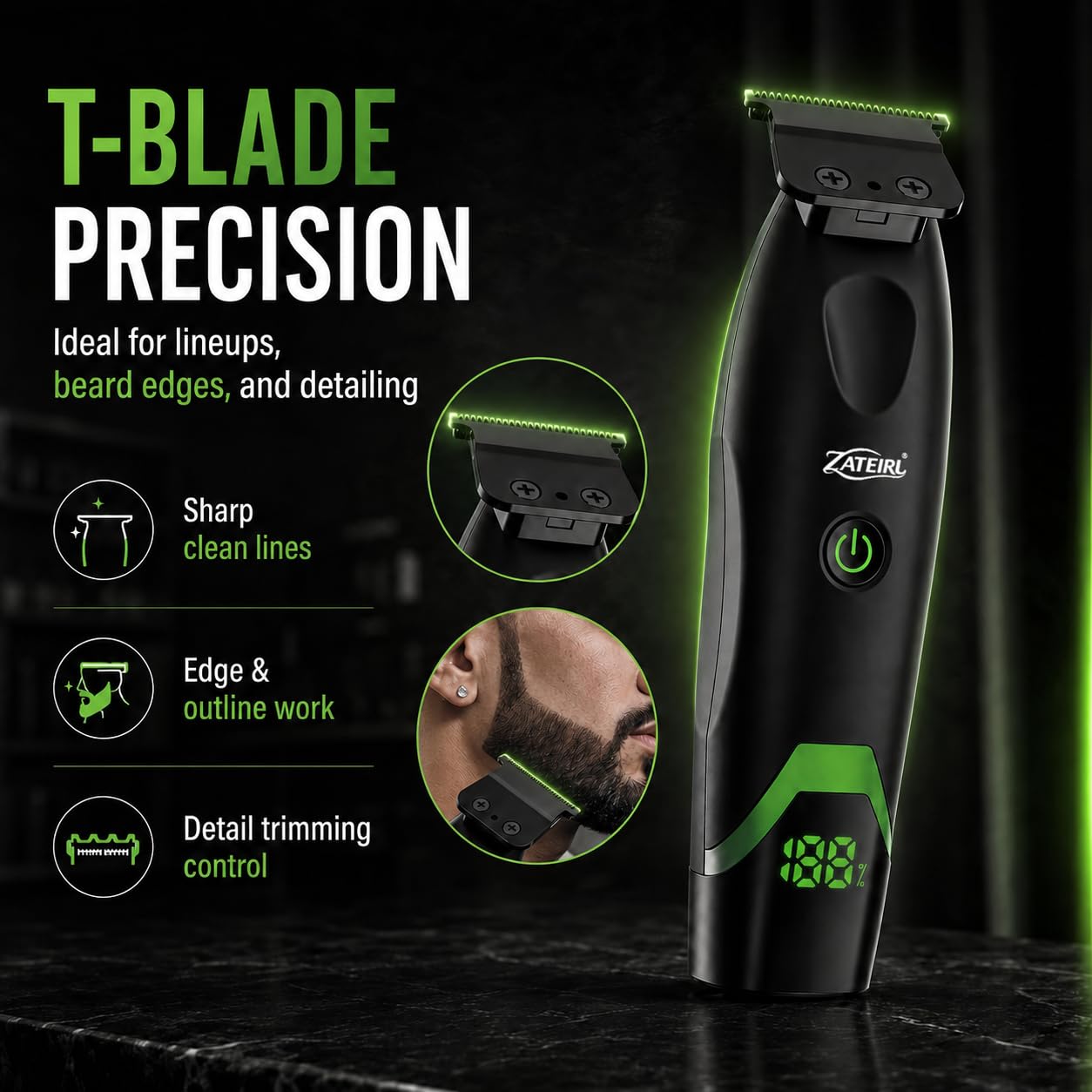 Cortapelos profesional para hombre, inalámbrico, con cuchillas de precisión, carga USB, juego de peines guía, para hombres y mujeres, color negro