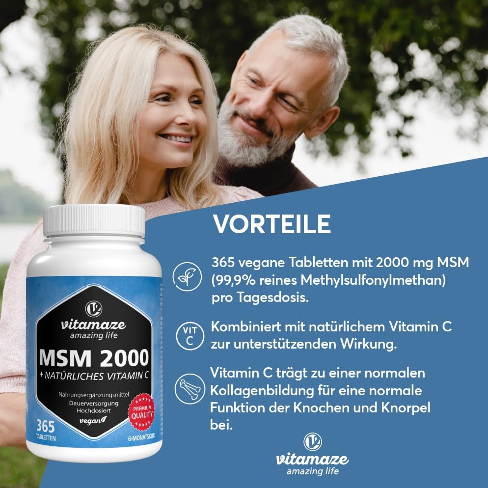MSM 2000 mg + natürliches Vitamin C, 365 vegane Tabletten für 6 Monate, hochdosiert, 99,9% reines Methylsulfonylmethan, Nahrungsergänzung ohne Zusätze, Made in Germany
