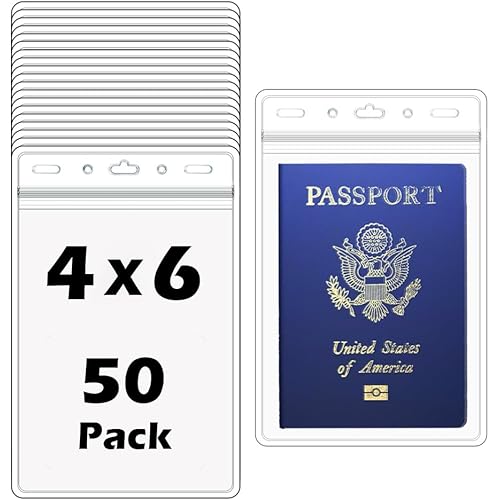 50 Pack - Extra Large 4 3/8 X 6 Passport & Badge Holder - Heavy Duty Clear Plastic 4 X 6 Card Insert Protector for Sports Tickets, Press Passes and Name Badges by WINURE