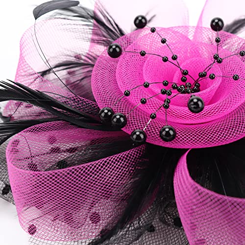 Image of DRESHOW Fascinators Hat Flower Mesh Ribbons Feathers on a Headband and a Clip Tea Party Headwear for Girls and Women