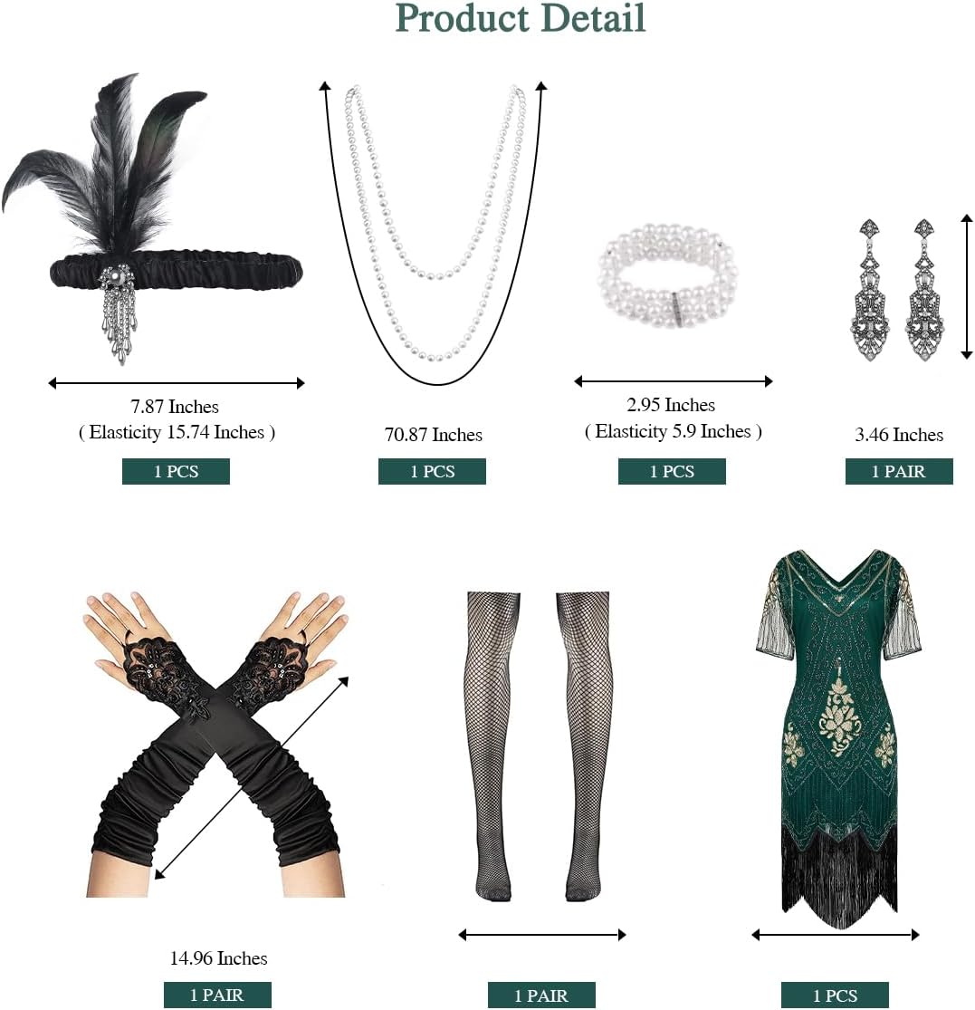 WILDPARTY 1920S Women Flapper Dress Sequin Dress V Neck Lace Fringed Dress Costume with Roaring 20s Accessories