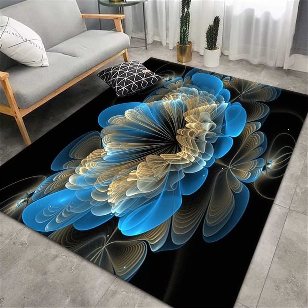 Tapis de chambre durable grand format motif floral bleu abstrait