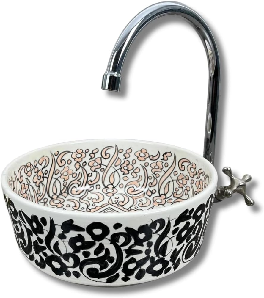 Handmade Ceramic Moroccan Basin Sink, Bathroom Hand Painted Vessel Sink, Handwash Countertop Vanity Basin, Artistic Vessel Bowl Basin (10 Inch = 25 cm | Height: 4 Inch = 10 cm, Like Pictures)