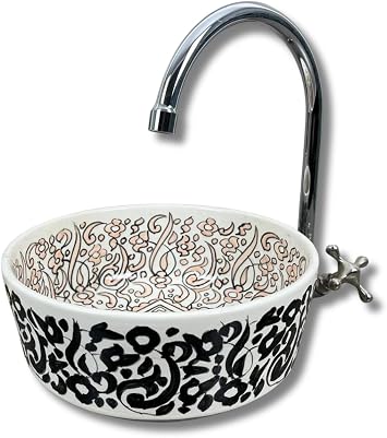 Handmade Ceramic Moroccan Basin Sink, Bathroom Hand Painted Vessel Sink, Handwash Countertop Vanity Basin, Artistic Vessel Bowl Basin 10 Inch = 25 cm | Height 4 Inch = 10 cm, Black & Brown