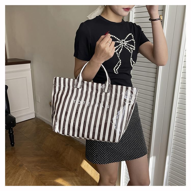 Image of Lushandy Striped PVC Tote Bag for Women, Large Plastic Tote Bag for Beach Pool Plaid Letters Print Hobo Handbag | Waterproof Material