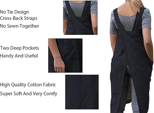 Miniatura 4 de Delantal Pinafore con espalda cruzada con bolsillos, delantal de lino y algodón, talla grande