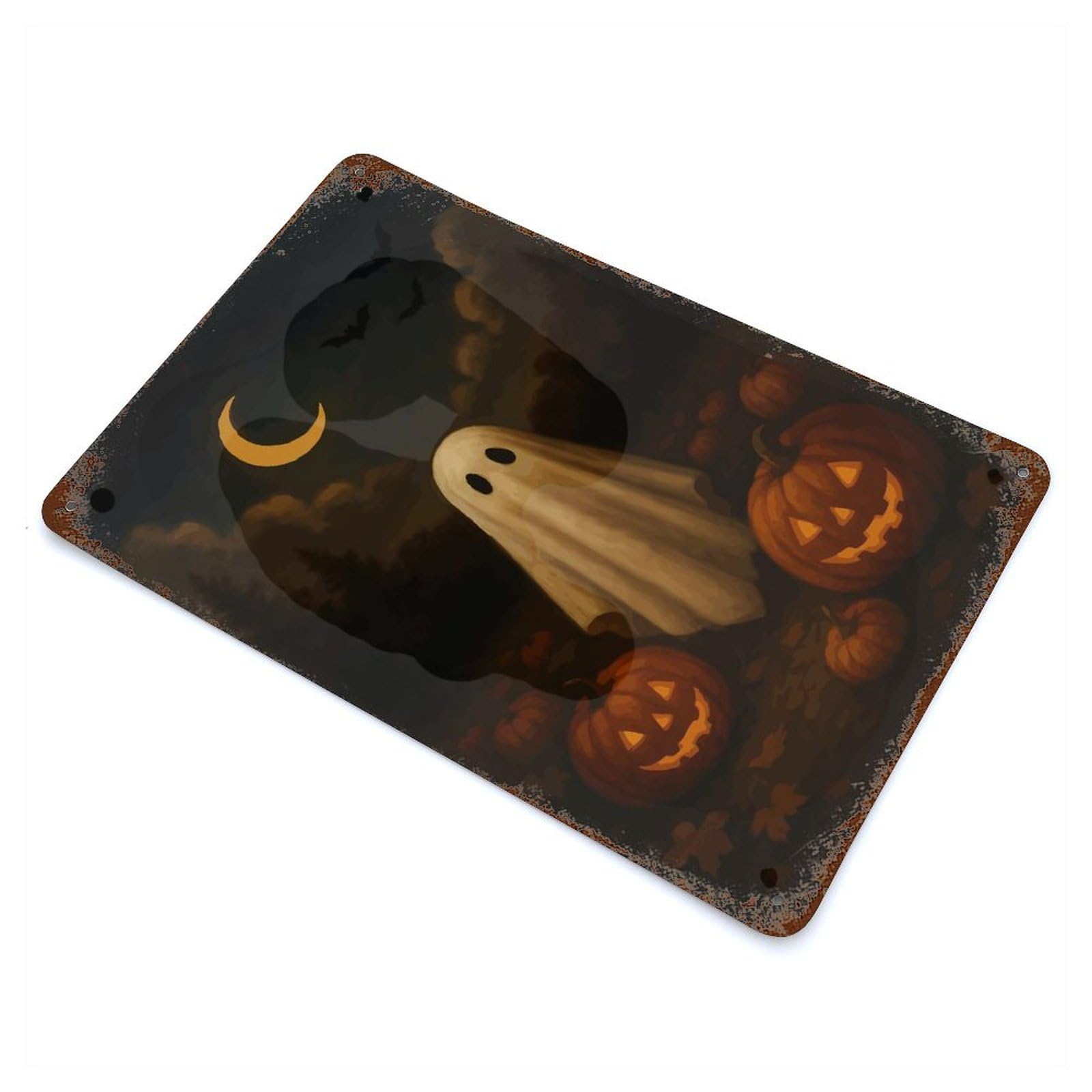 Cute Ghost with Pumpkins – Spooky Halloween Wall Art Rusty Metal Tin Sign 11.8"x7.9", Shabby Chic Decor for Garage, Bar And Workshop Decor