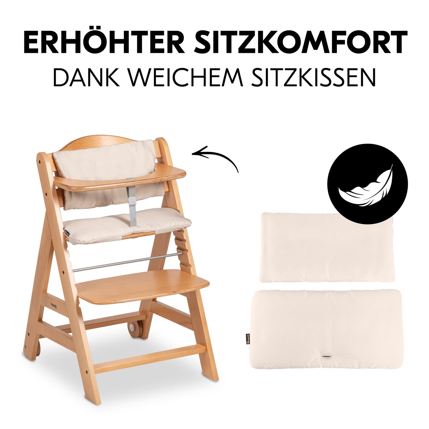 Hauck Beta+ Mitwachsender Holzhochstuhl Set mit Rädern, Buche, Sitzkissen, Essbrett, Schutzbügel, 5-Punkt-Gurt, ab 6 Monaten bis 90 kg
