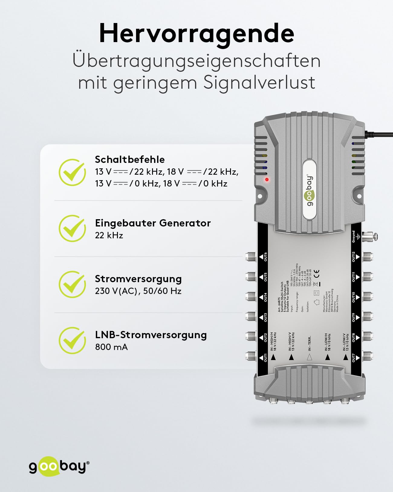 goobay 64875 Multiconmutador satélite/Multiconmutador Compacto / 5 entradas / 12 Salidas / 4K, 8K UHD/Dab+ / para 12 participantes