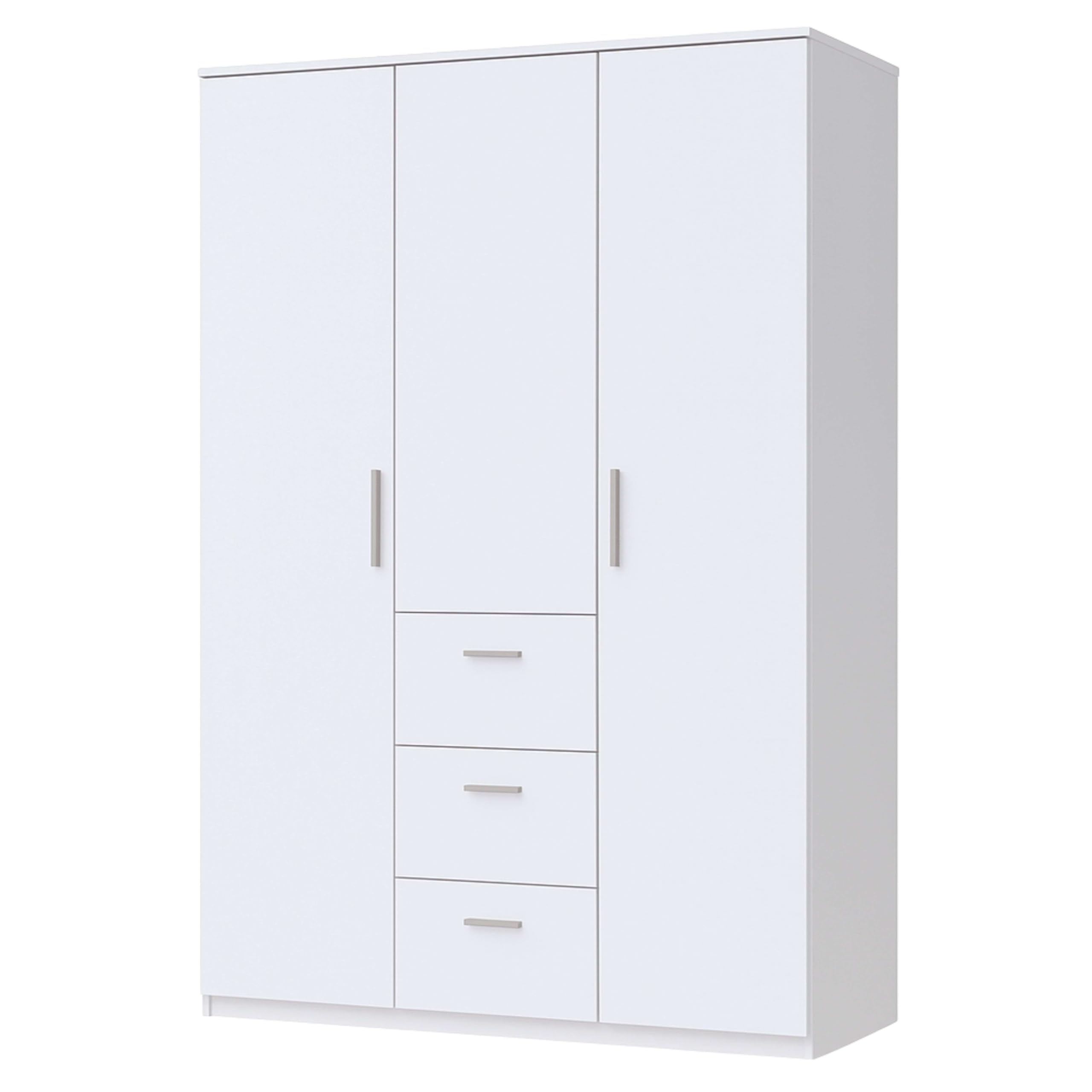 Habitdesign Armario Ropero 3 Puertas y 3 cajones, 203x117x52 (AltoxAnchoxFondo - en Cm), con Barra Colgadora y Estantes, Color Blanco Brillo