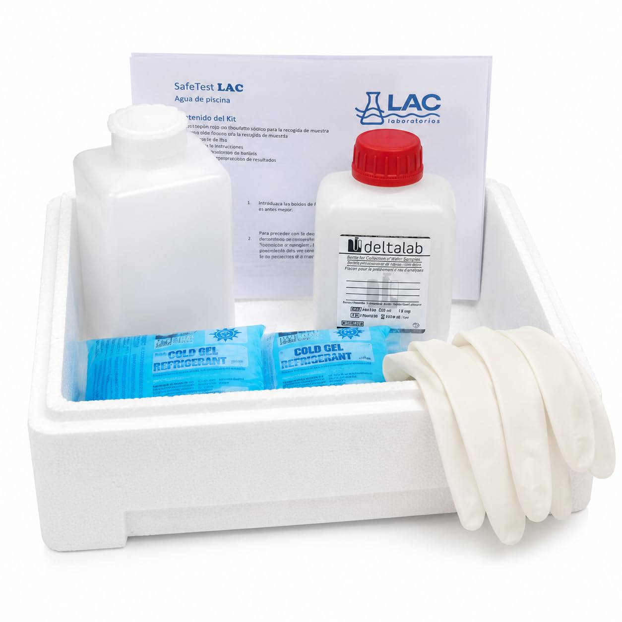 Kit de recogida de agua para análisis de los parámetros incluidos en el servicio SafeTest LAC, conforme a los criterios de calidad del agua establecidos en el Real Decreto 742/2013