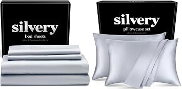 Silvery Save More Bed Sheets California Satin Pillowcases King Value Bundle Ultra Soft, Cooling, and Self-Cleaning Sleep System