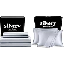 Silvery Save More Bed Sheets California Satin Pillowcases King Value Bundle Ultra Soft, Cooling, and Self-Cleaning Sleep System