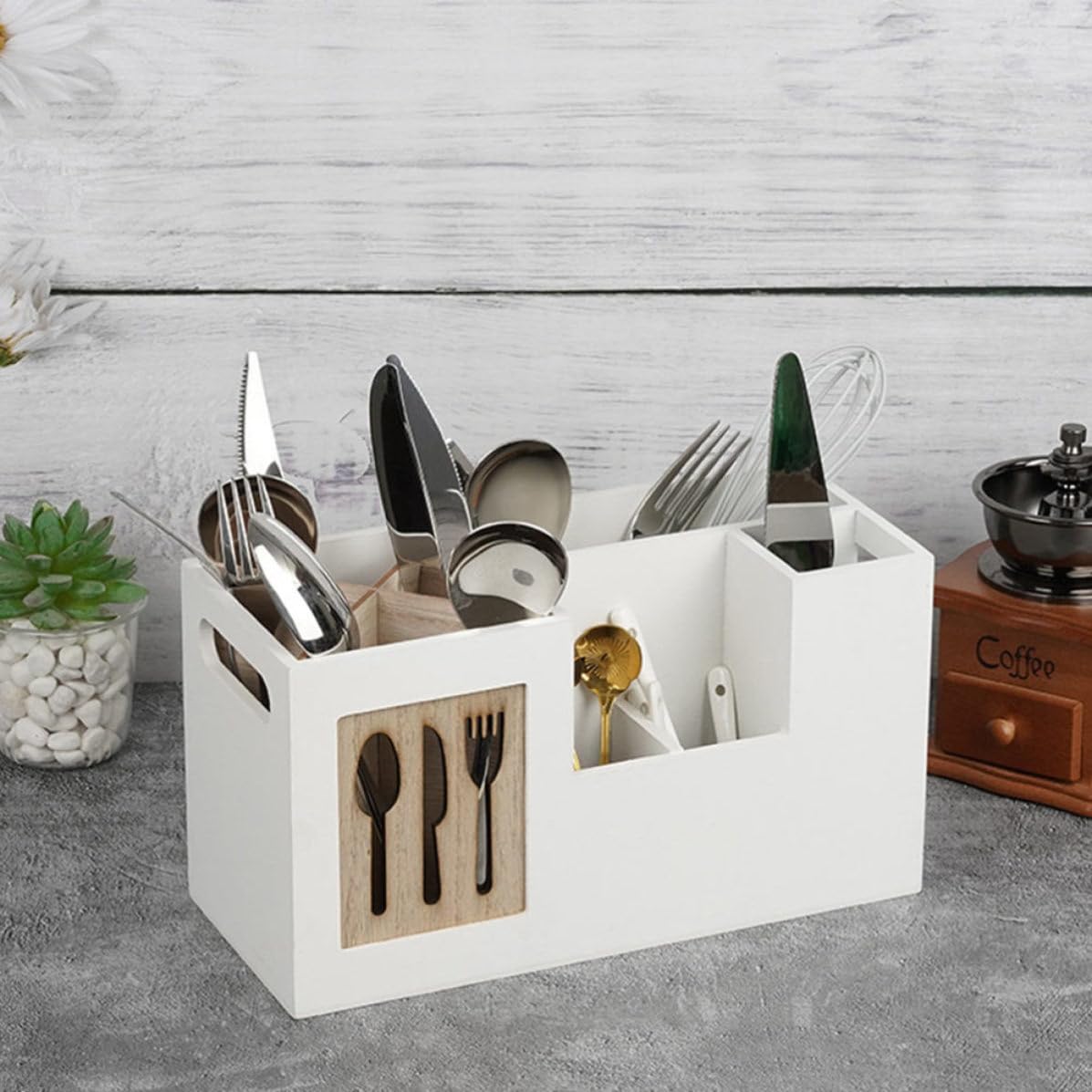 Angoily Boîte de Rangement pour Ustensiles Cuisine en Bois Blanc, Résistante aux Rayures, pour Organiser Couverts et Garder Ustensiles Accessibles Cuisine