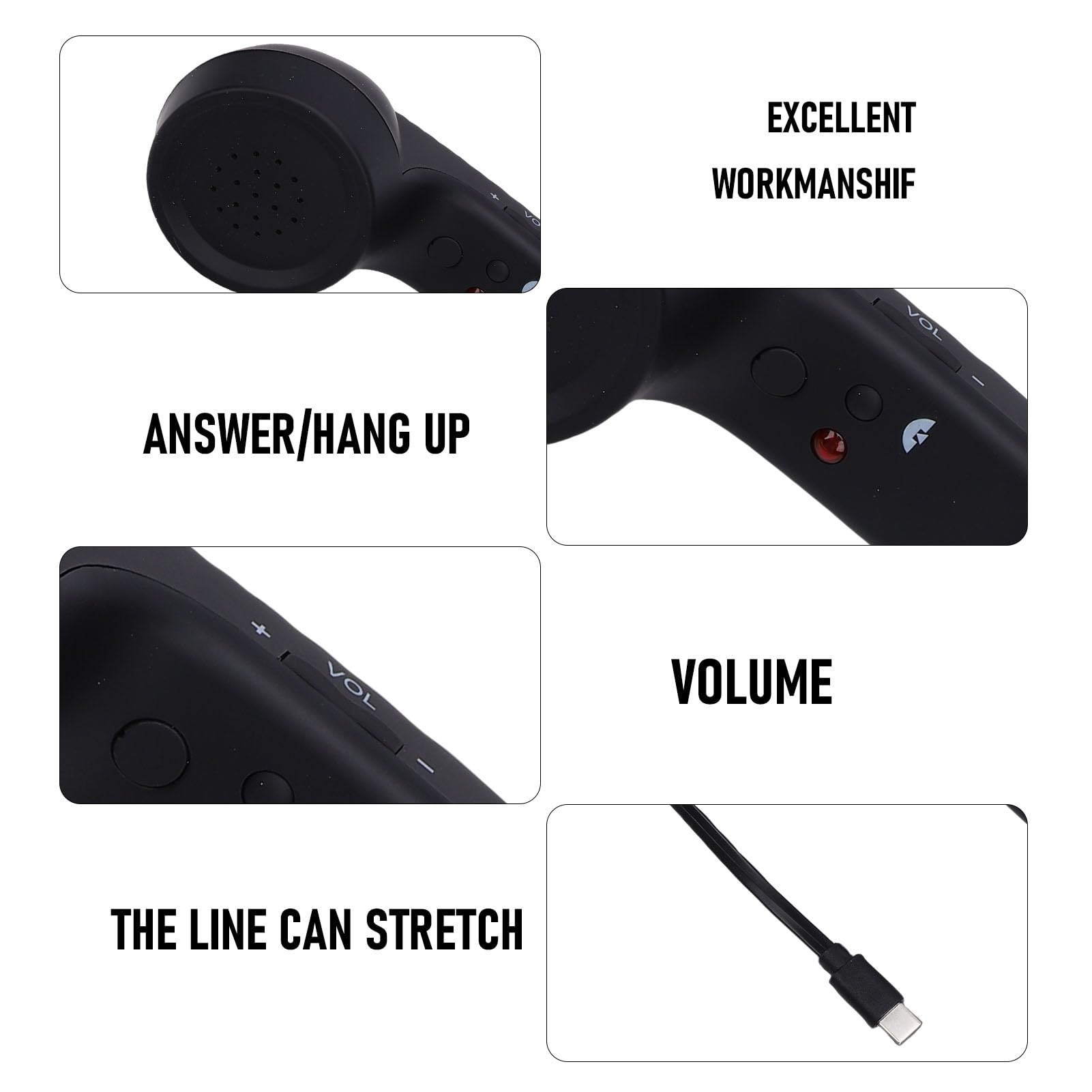 Auricular de Teléfono Retro USB C con Control de Volumen de Micrófono, Receptor de Teléfono Vintage con Cable, Accesorio de Móvil Reductor de Radiación de la Vieja (Black) — view 2