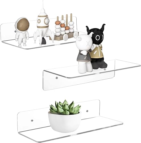 Fixwal Estantes flotantes acrílicos sin taladro, estante adhesivo flotante de pared de 9 pulgadas, juego de 3 decoración de pared y estante de