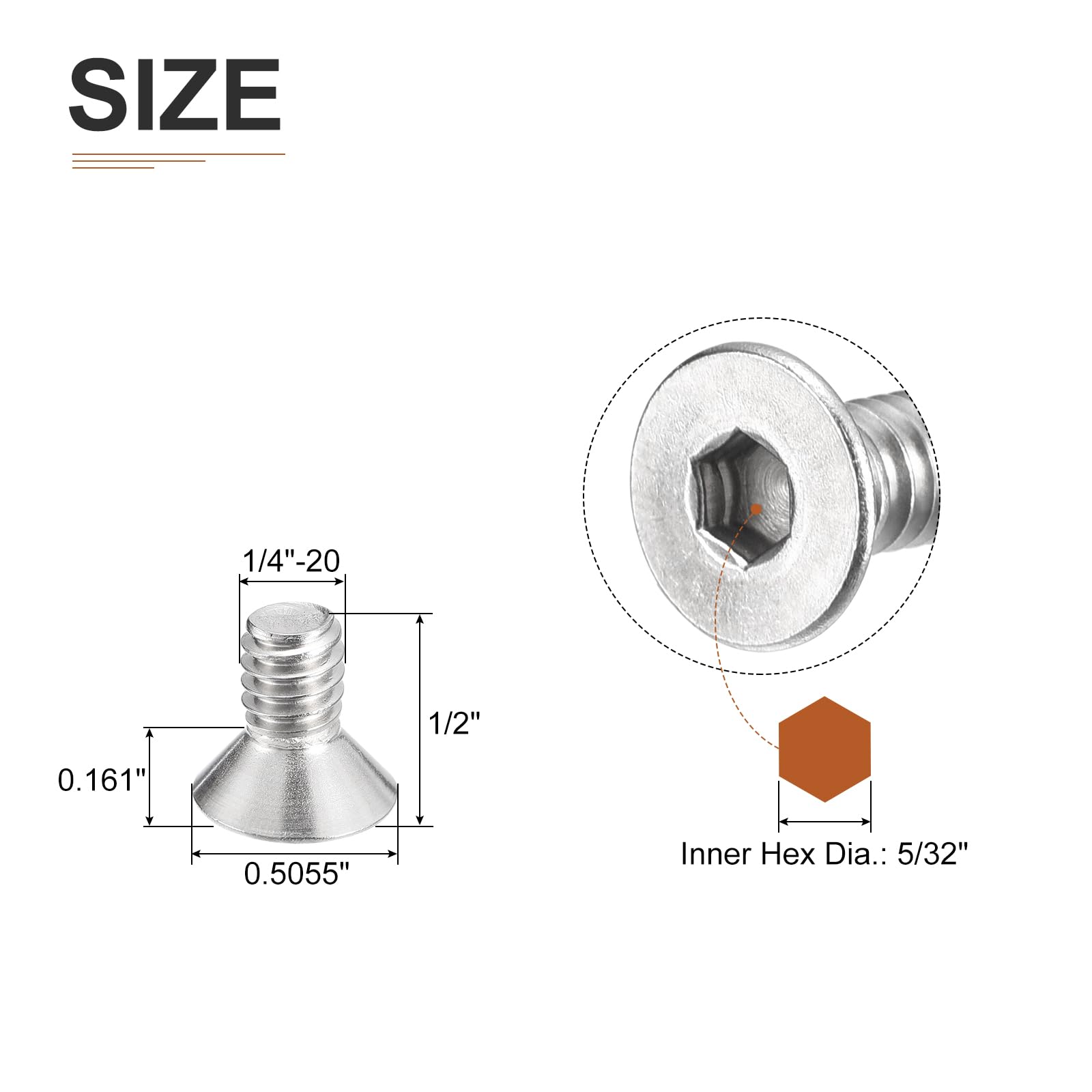 DTGN 1/4-20 x 1/2" Flat Head Socket Cap Screws, 30 Pack 304 Stainless Steel Hex Socket Flat Head Screws, Full Thread, Countersunk Bolts - Image 2