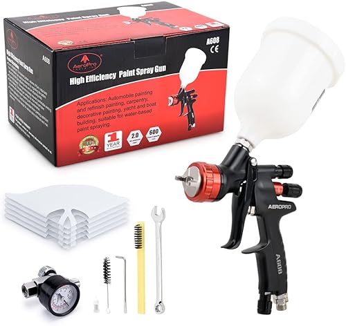Miniatura 8 de AEROPRO Tools A608 HVLP - Kit de pistola de pulverización de aire, boquilla de 0.06 pulgadas, regulador, 5 coladores de pintura, taza de 600 cc,