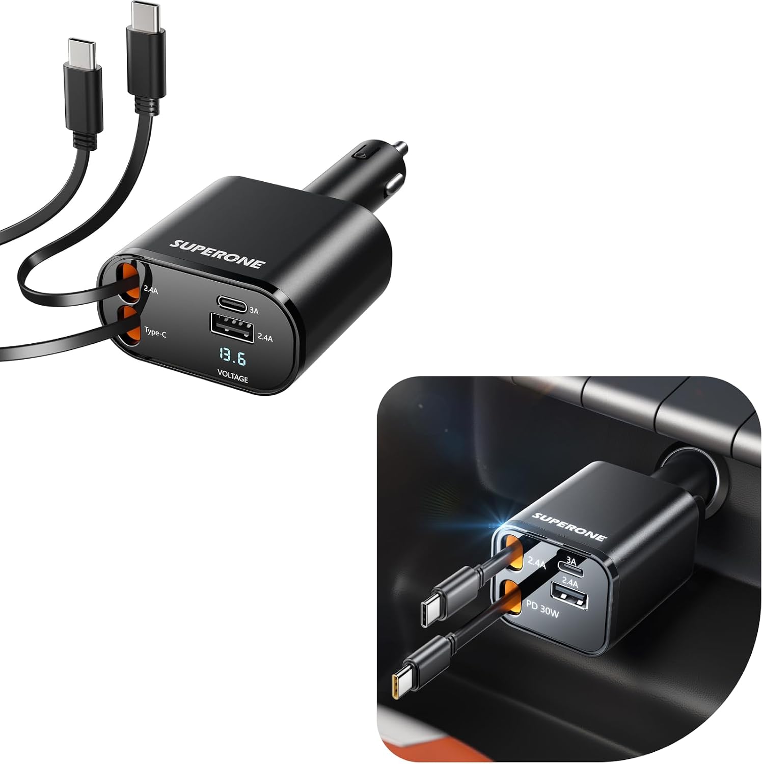 Bundle SUPERONE Retractable Car Charger for iPhone & Retractable USB C Car Charger