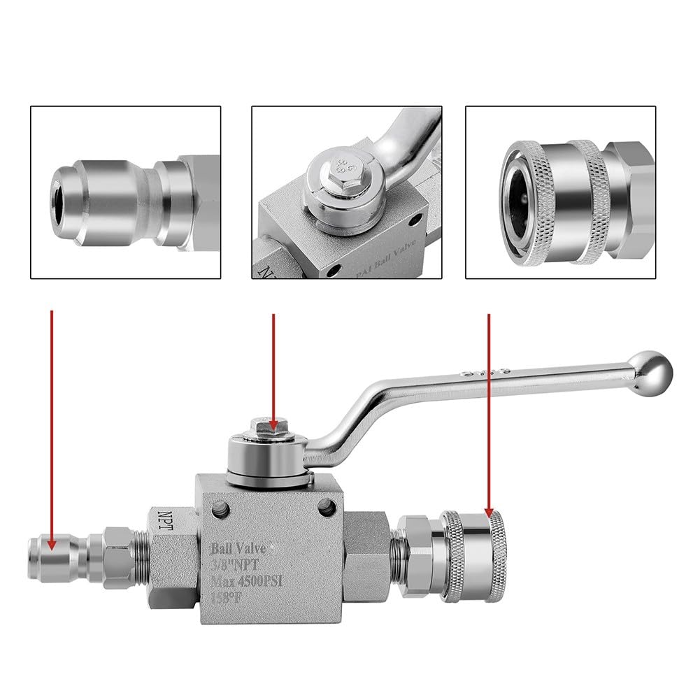 Robinet à boisseau sphérique haute pression pour nettoyeur haute pression avec déconnexion rapide 3/8", vanne d'arrêt en acier inoxydable 4500 psi, comprend 2 adaptateurs