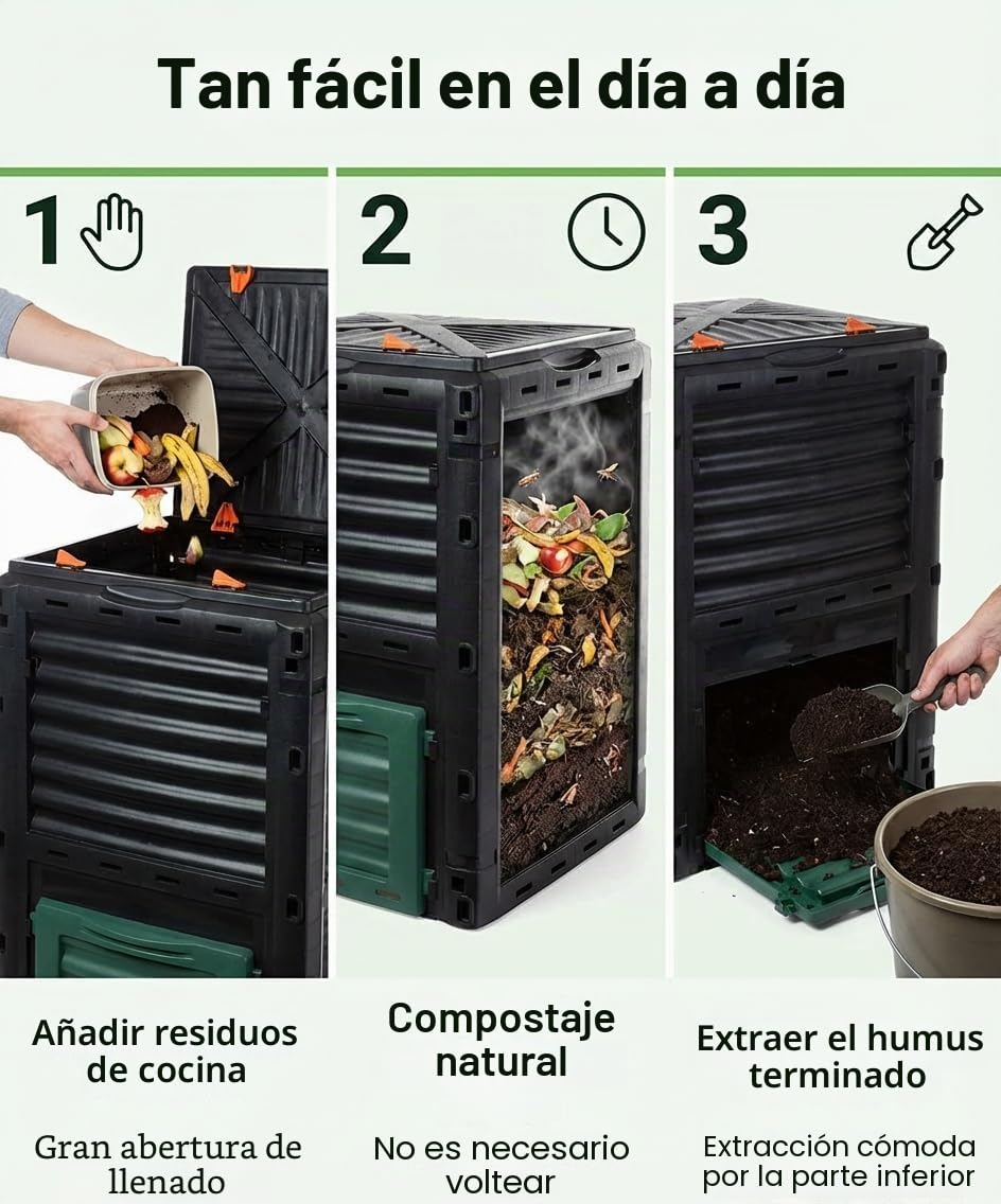 2friends Compostador rápido y termocompostador de 300 L, plástico estable con tapa abatible, 83 x 61 x 61 cm, 100% reciclado, modelo Marx