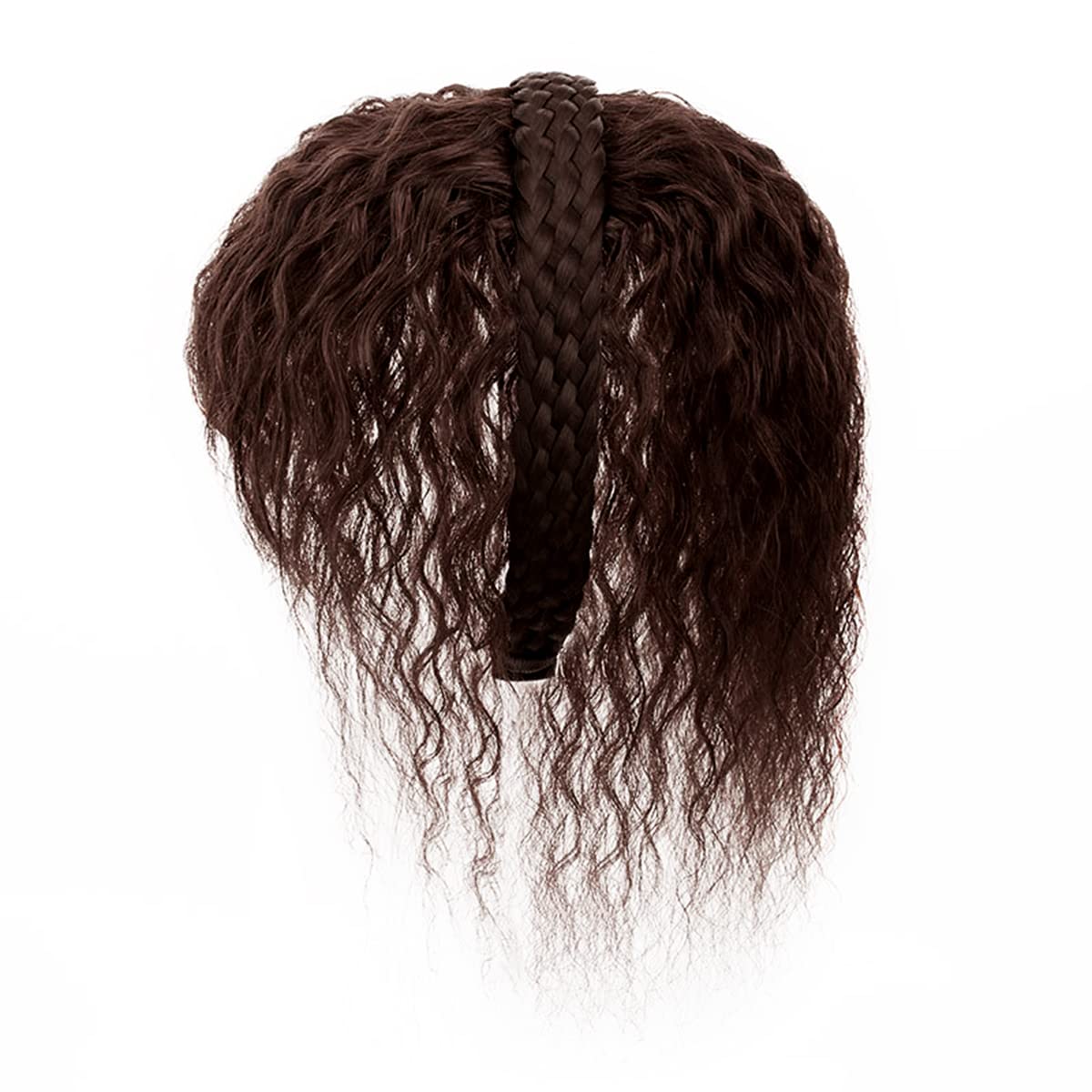 10" Women Weavy Human Hair Braided Headband Hairpiece Natural Looking Wavy Human Hair Topper Wiglets Hairpiece with Bangs Twist Braid Clip in Curly Human Hair Extensions Dark Brown