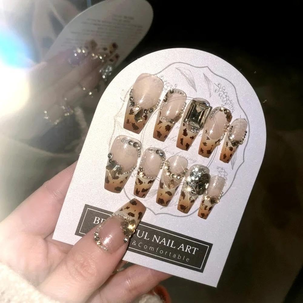 24pcs Leopard Pattern Fake Nail Tips Large Crystal French Wearable Press On Nails DIY Manicure(Y8)