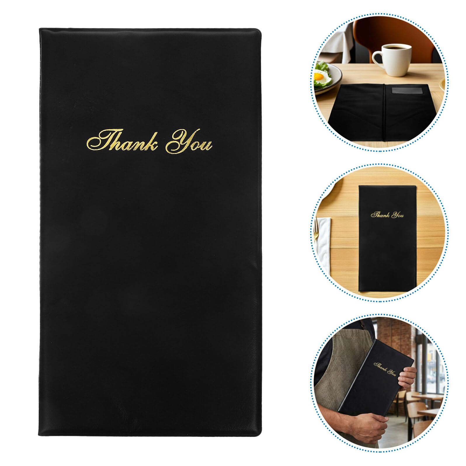 GALPADA 4 Pezzi Set da 4 Porta-conto per Ristorante 28x25,5 Cm in Materiale Resistente, Porta Ricevute e Portamenù Nero con Scritta Dorata Grazie", per Camerieri e Servizio Clienti in Bar