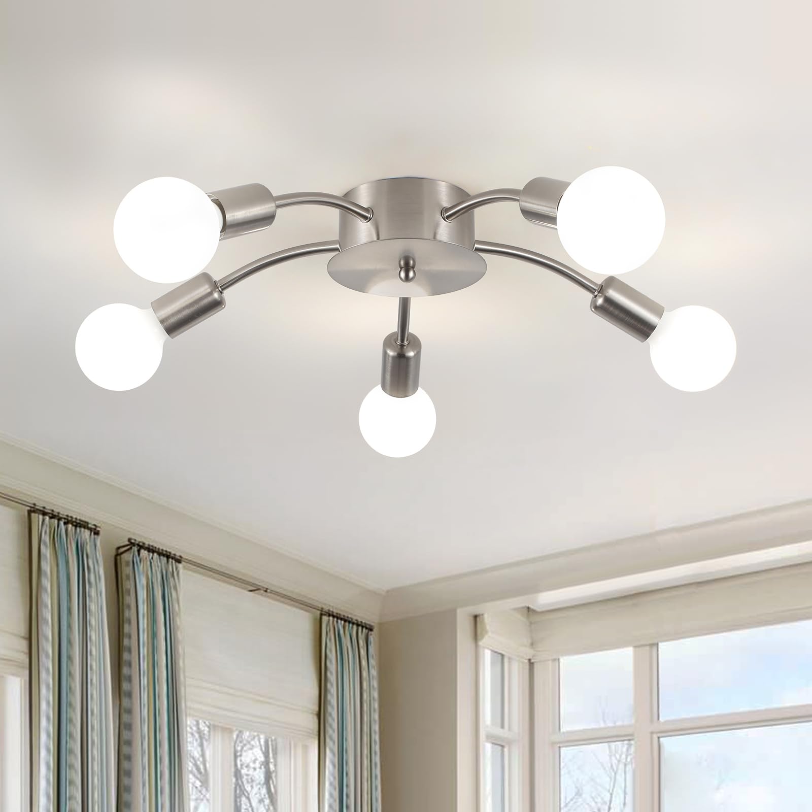 5-Lights Kitchen Lighting Fixtures Ceiling, Semi Flush Mount Ceiling Light, Modern Light Fixtures Ceiling Mount, Mid Century Industrial Sputnik Chandelier for Bedroom, Living Room(Brushed Nickel)