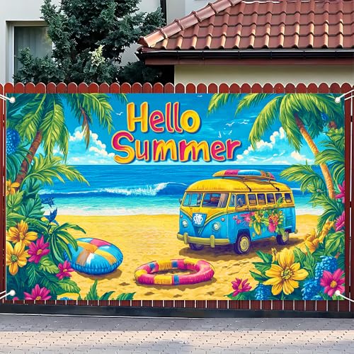 Image of 71x43 Inch Hello Summer Banner Beach Retro Camper Van Backdrop Tropical Ocean Yard Decorations Seasonal Outdoor Decor Fence Sign