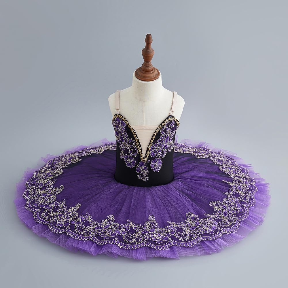 Robe Tutu De Ballet Professionnelle pour Filles, Costume De Ballerine Pancake pour Enfants Tenue De Danse Classique pour Spectacle Récital Compétition